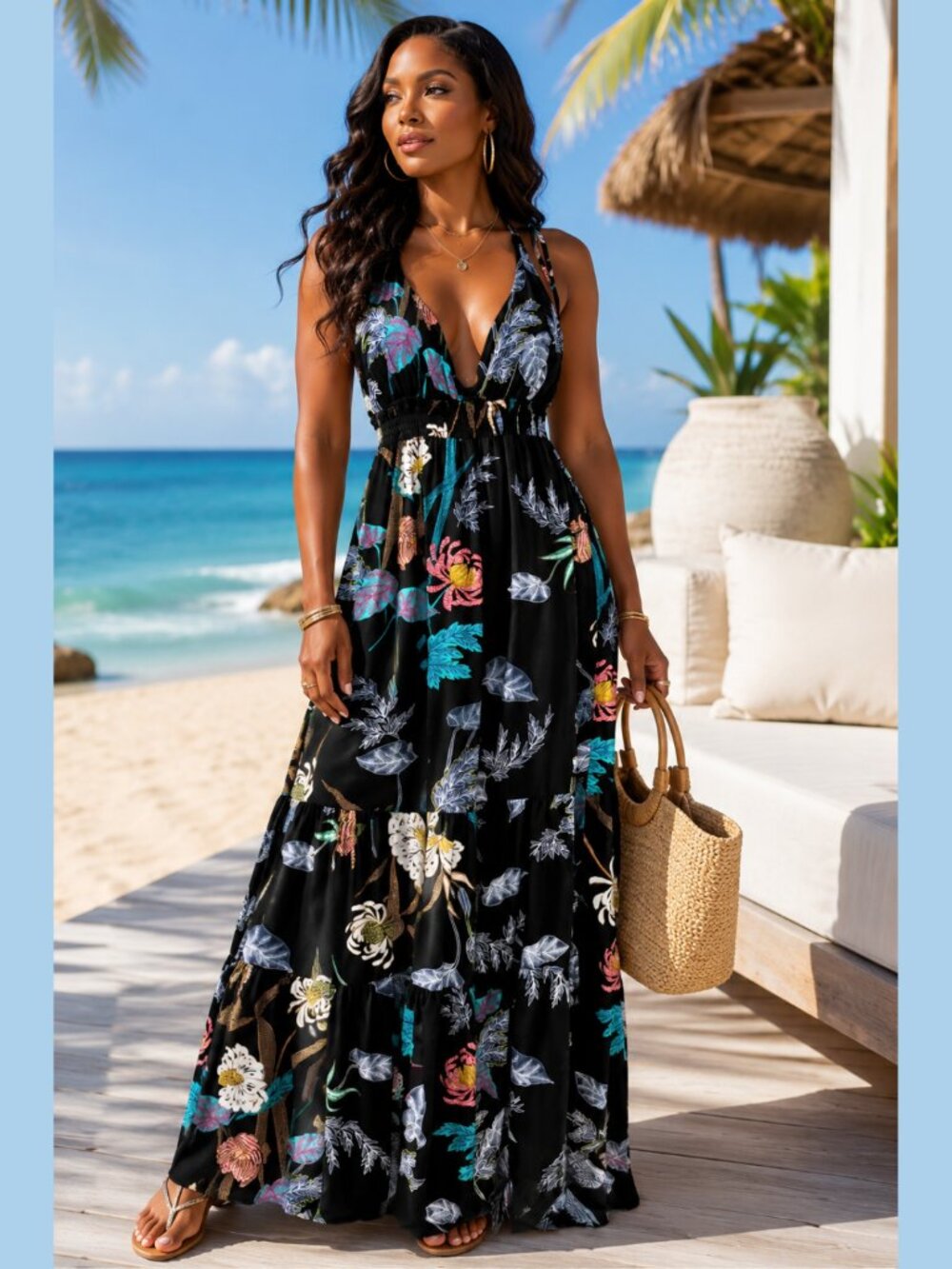 LOVESTITCH DEL LAGO Boho Floral Smocked Maxi Dress Plunge V-Neck Tiered Resort M